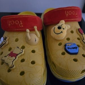 Yellow Clogs with Red Strap and Pooh Bear Design